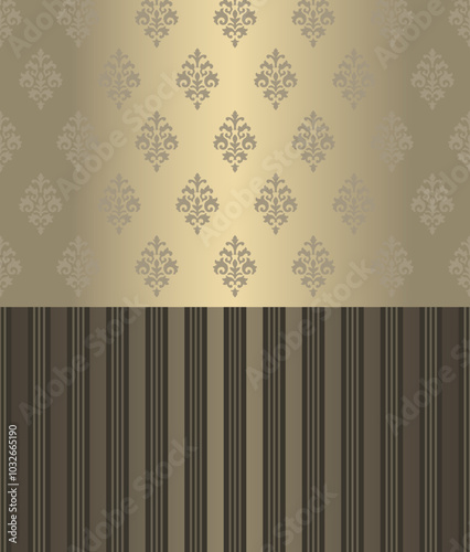 Elegant vector background with a pattern: the top part is decorated with gold damask motifs on a light background, and the bottom part is decorated with vertical black and gold stripes. Stylish design