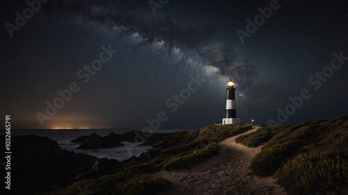 Lighthouse with Milky Way galaxy shining brightly above on a clear, starry night over the ocean horizon. photo