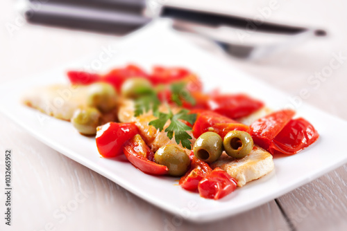 Fillet of halibut with tomatoes and olives