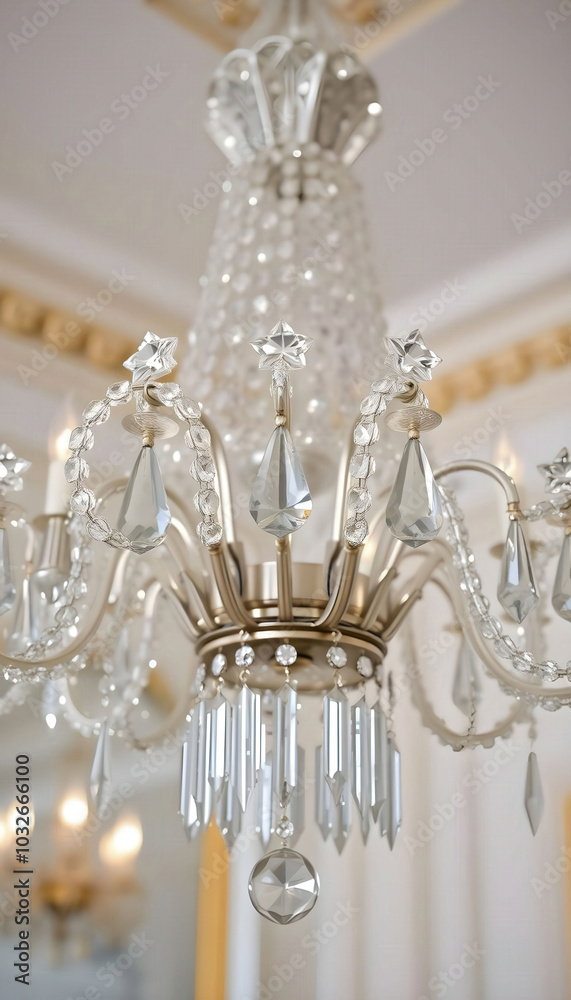 Close-up of an elegant crystal chandelier in a luxurious setting, sparkling in soft ambient light and capturing intricate glass details. Close-up of an elegant crystal chandelier in a luxurious setting, sparkling in soft ambient light and capturing intricate glass details.