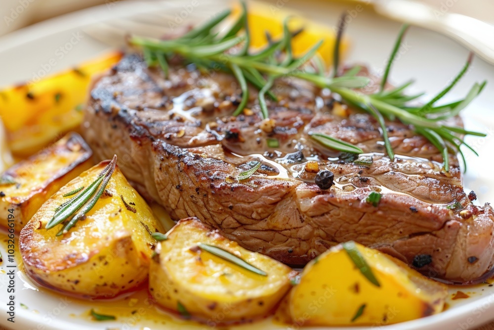 Grilled beef steak served with golden roasted potatoes garnished with rosemary. Juicy steak with grill marks paired with crispy herb-seasoned potatoes makes for a mouthwatering meal. Grilled beef steak served with golden roasted potatoes garnished with rosemary. Juicy steak with grill marks paired with crispy herb-seasoned potatoes makes for a mouthwatering meal.