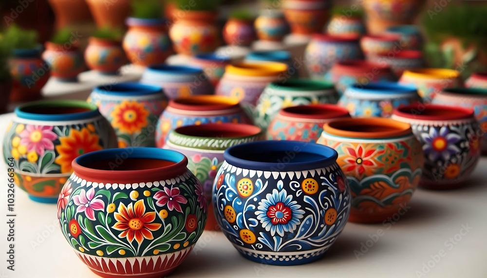 Vibrant hand-painted ceramic pots with intricate floral designs in artisan craft market

