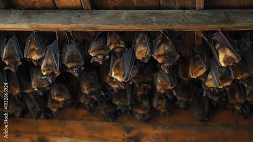Lots of brown bats hanging upside down under the wooden roof of a barn