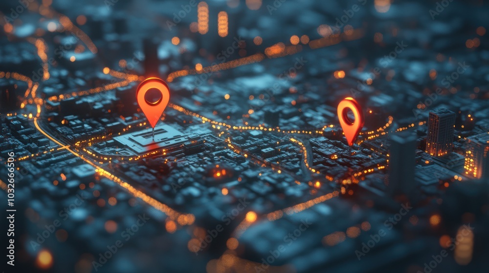 Two location pins on a digital map of a city. Two location pins on a digital map of a city.