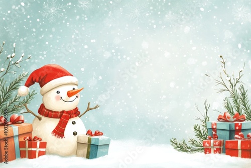 Christmas Wallpaper With a Cute Snowman Surrounded By Gifts, Greeting Card Concept With Copy Space, Snowy Background, Watercolor Design