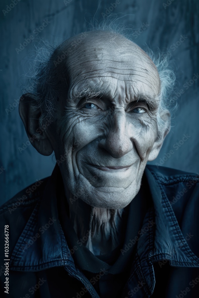Wisdom and Experience: Reflective Elderly Man on Monochrome Blue Background for Portrait Art Wisdom and Experience: Reflective Elderly Man on Monochrome Blue Background for Portrait Art