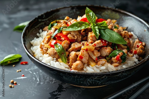 A colorful bowl of rice topped with stir-fried pork, basil, and chili peppers. The combination of red chili and green basil leaves adds visual appeal and bold flavors to this Thai-inspired dish.