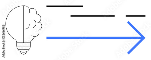 Lightbulb symbolizes an idea with lines indicating rapid movement, ending in a blue arrow pointing right. Ideal for innovation, creativity, direction, progress, and forward-thinking themes. Simple