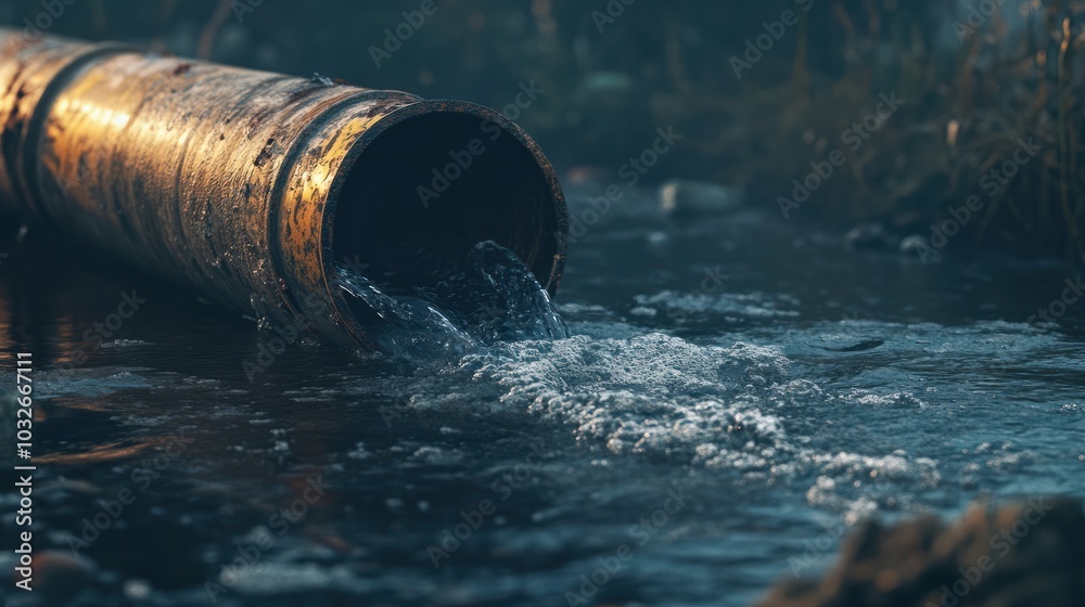 Visual composition of sewage pollution. contaminated water flowing from a pipe with impurities Visual composition of sewage pollution. contaminated water flowing from a pipe with impurities