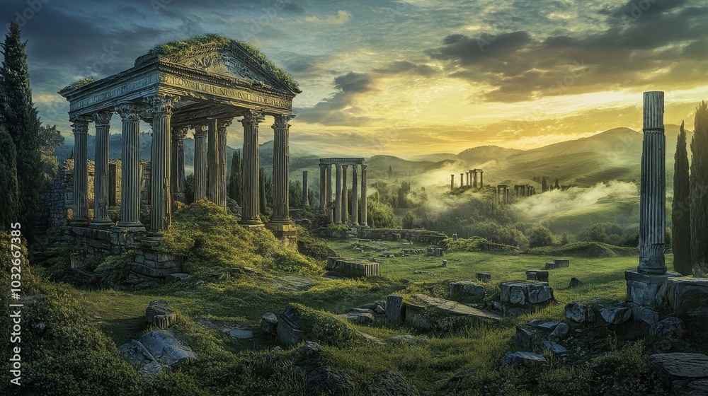 Obraz premium Moss-covered Roman forum ruins in a tranquil landscape with soft evening light