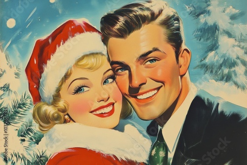 Christmas Wallpaper With a Loving Couple In The Snow, Smiling Wearing Santa's Hat, Greeting Card Concept, Vintage Illustration Design