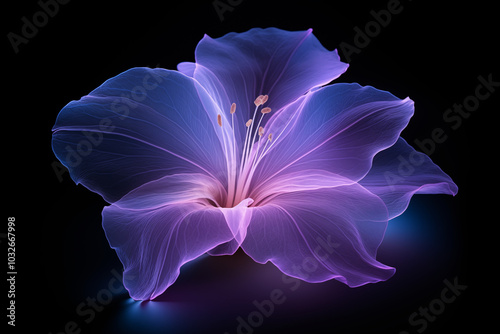 Daffodil flower petal made from purple neon glow light isolated on dark background