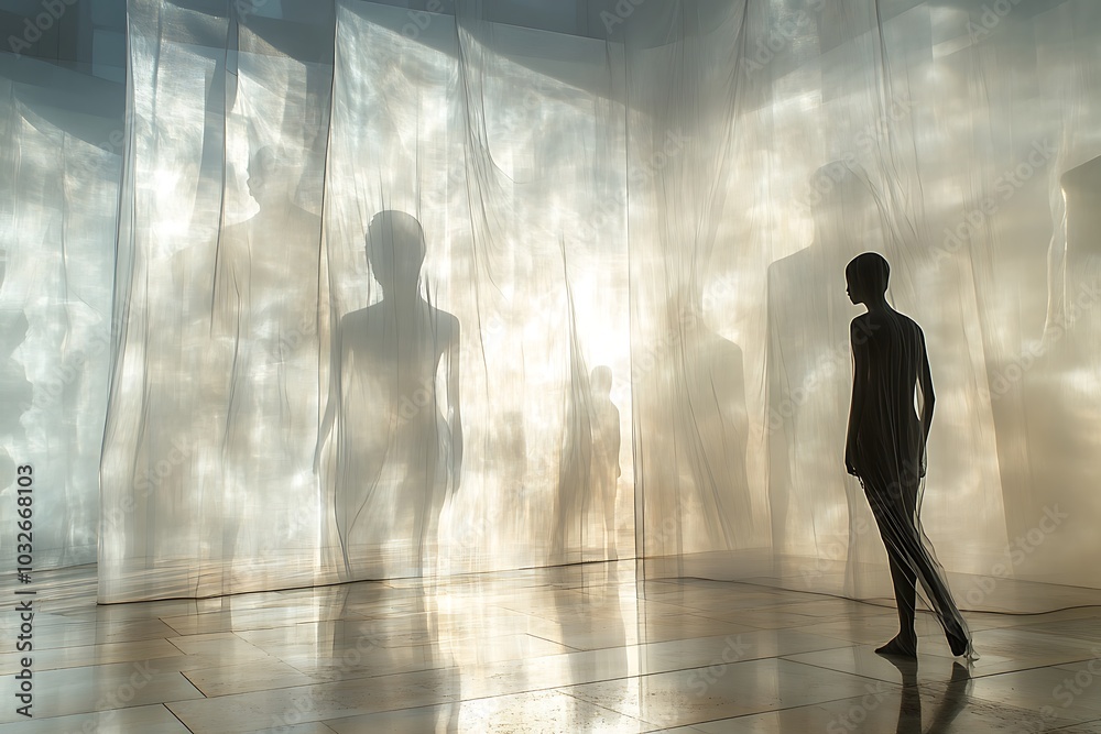 A woman silhouetted against translucent curtains in a bright, modern space. A woman silhouetted against translucent curtains in a bright, modern space.