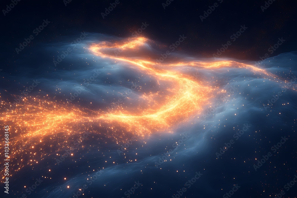 Fototapeta premium An abstract image of glowing orange energy flowing through a dark blue cosmic space.