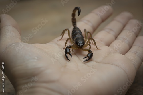 A human hand with a small, intimidating scorpion perched delicately on the skin: The open, relaxed palm emphasizes trust and danger, evoking a sense of suspense and curiosity photo