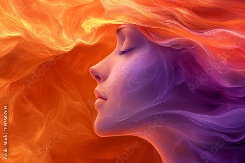 Woman with flowing red hair blending into fiery abstract waves symbolizing passion transformation and the powerful flow of emotions in a surreal conceptual design