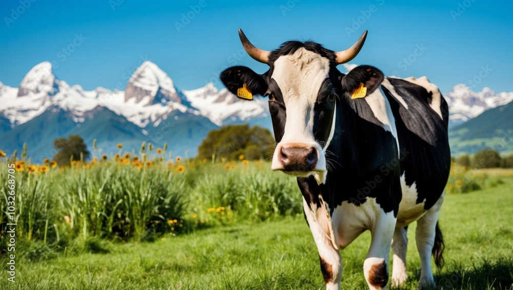 Black and white cow in serene mountain field Black and white cow in serene mountain field