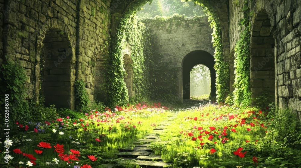 Fototapeta premium Illustration of a temple courtyard with wildflowers moss and warm sunlight