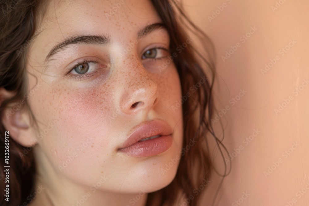 Thoughtful Young Woman on Soft Peach Background in Introspective Portrait Thoughtful Young Woman on Soft Peach Background in Introspective Portrait