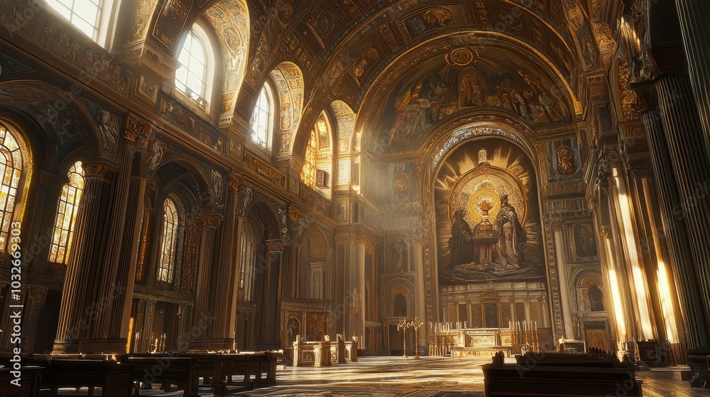 Obraz premium Roman basilica apse with a mosaic scene sunlight streaming through tall windows