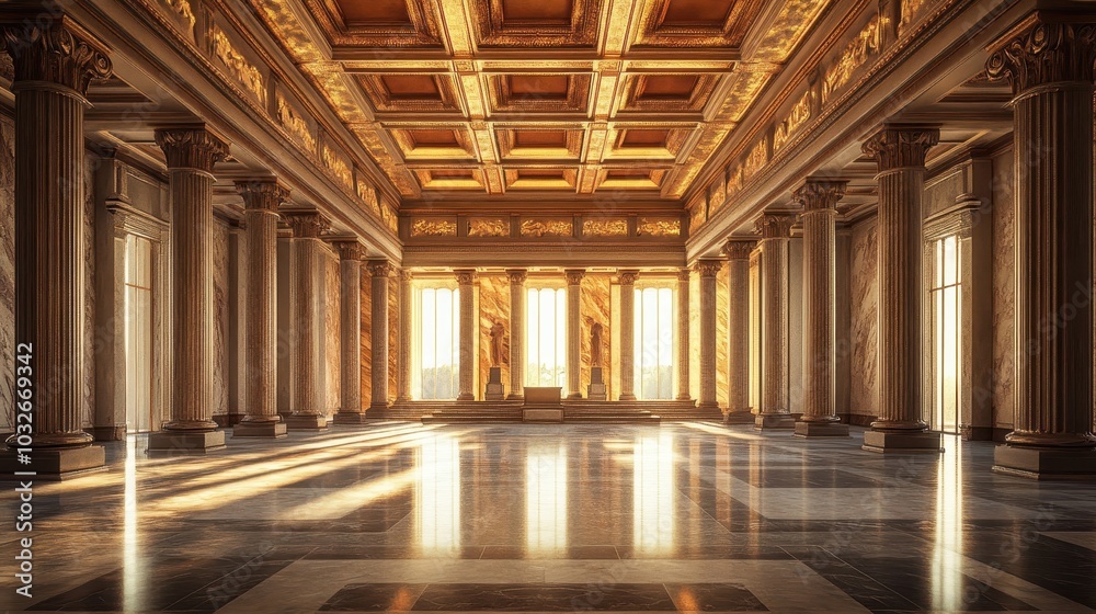 Naklejka premium Senate chamber with tall pillars and high ceilings soft light warming the room