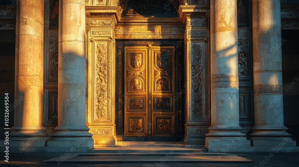 Entrance of a Roman basilica carved doors and columns illuminated by morning light Entrance of a Roman basilica carved doors and columns illuminated by morning light