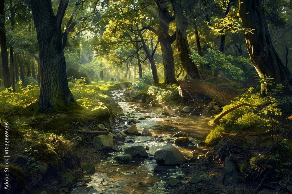 An enchanted forest with a sparkling brook ,A beautiful stream runs through a forest, featuring cascading waterfalls and a rich tapestry of trees and foliage. An enchanted forest with a sparkling brook ,A beautiful stream runs through a forest, featuring cascading waterfalls and a rich tapestry of trees and foliage.