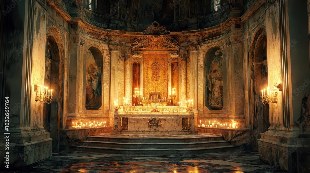 Tranquil corner of basilica marble altar surrounded by candlelight and frescoes