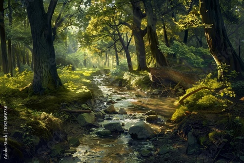 An enchanted forest with a sparkling brook ,A beautiful stream runs through a forest, featuring cascading waterfalls and a rich tapestry of trees and foliage.