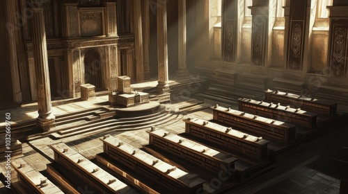 View from above of Senate chamber light and shadows enhancing marble pillars photo