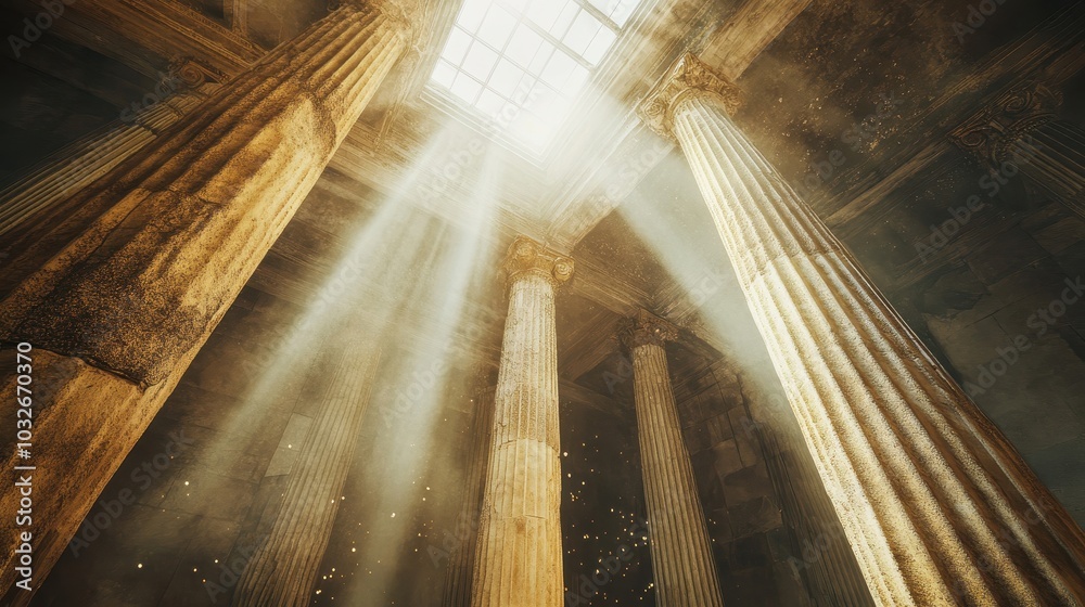 Beams of light streaming through roof illuminating dust in grand Greek temple Beams of light streaming through roof illuminating dust in grand Greek temple