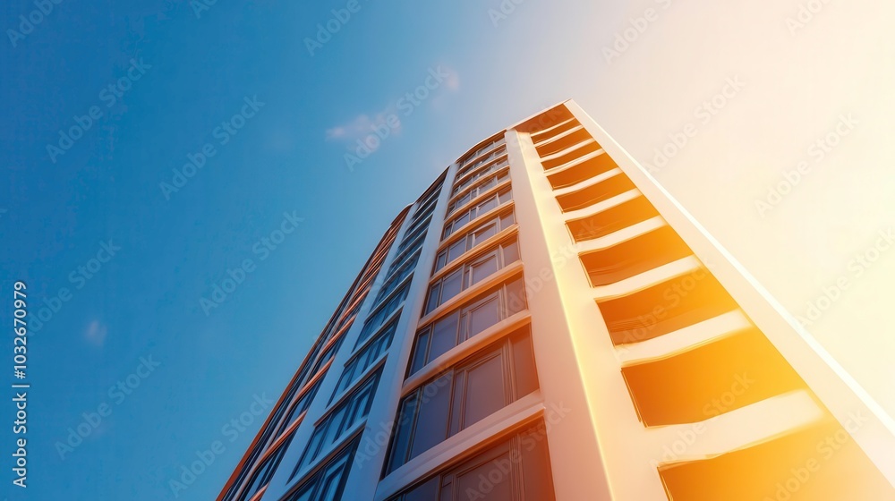 Modern building basking in sunlight against a clear blue sky. Modern building basking in sunlight against a clear blue sky.