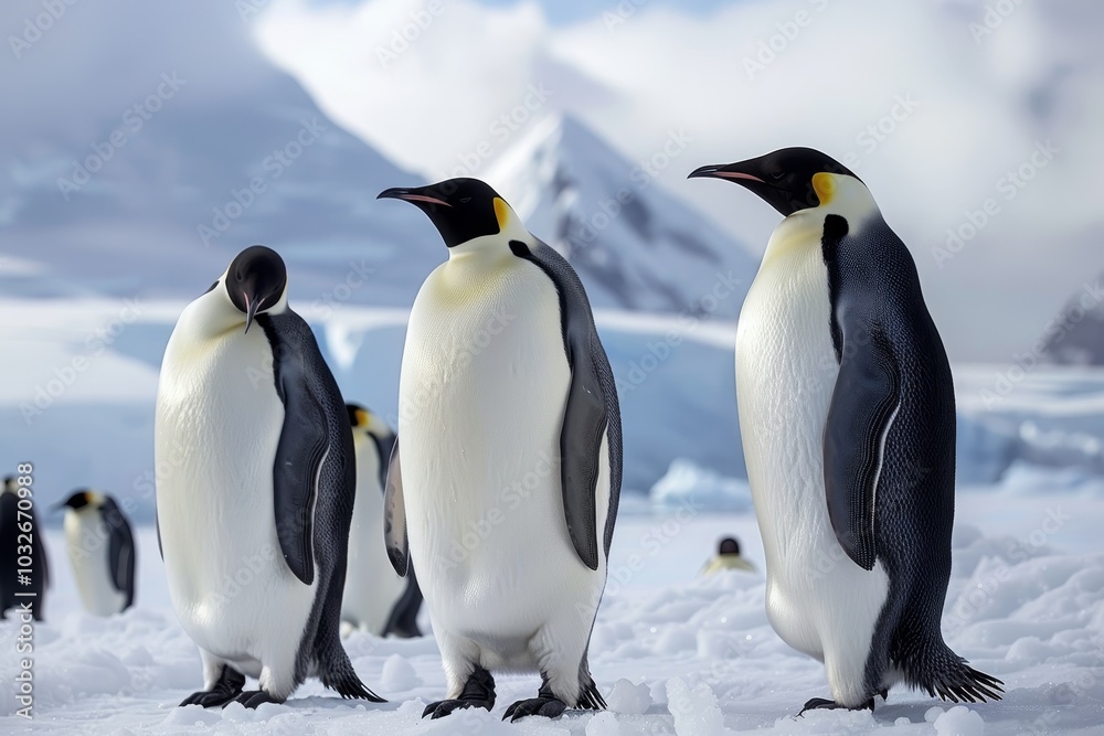 Obraz premium An icy Antarctic landscape with emperor penguins ,A cluster of penguins in a snowy environment, highlighting their playful nature amidst the winter scenery.