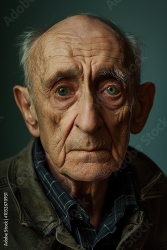 Thoughtful Elderly Man Portrait on Olive Green Background for Reflection Themes