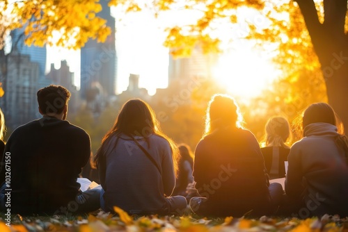 People enjoy a sunset in a park surrounded by autumn foliage.