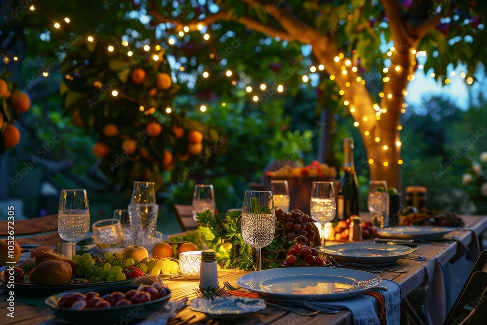 An intimate dinner setting under twinkling fairy lights in a summertime garden ,A beautifully arranged outdoor dinner table, adorned with elegant tableware and surrounded by greenery An intimate dinner setting under twinkling fairy lights in a summertime garden ,A beautifully arranged outdoor dinner table, adorned with elegant tableware and surrounded by greenery