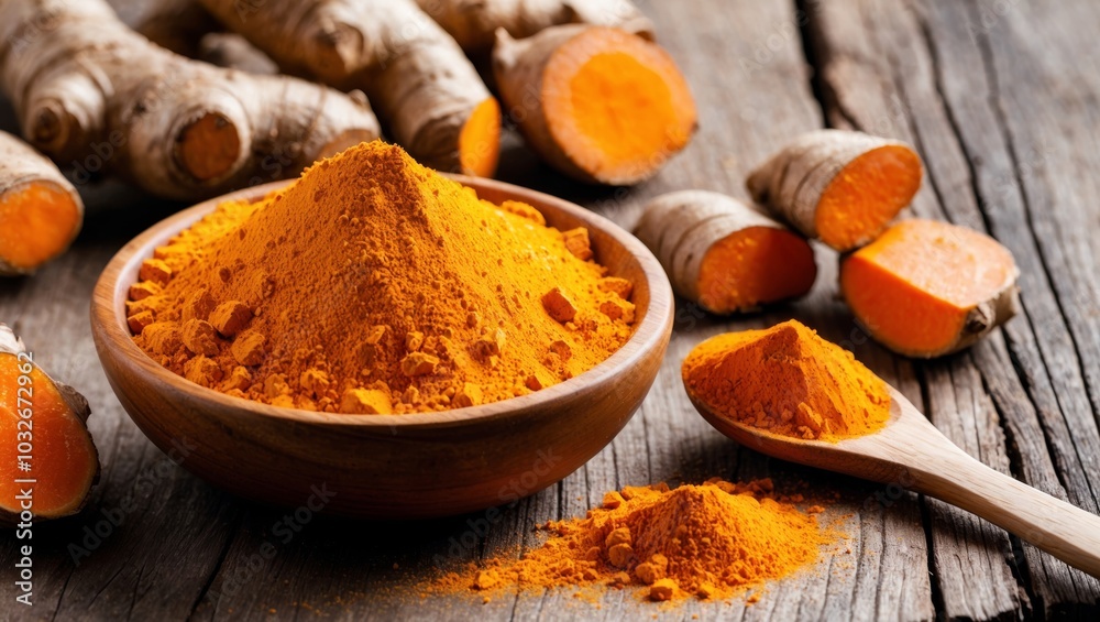 Raw and powdered turmeric on rustic wood Raw and powdered turmeric on rustic wood
