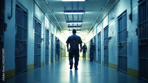 Silhouette of a person walking through a dark prison corridor.