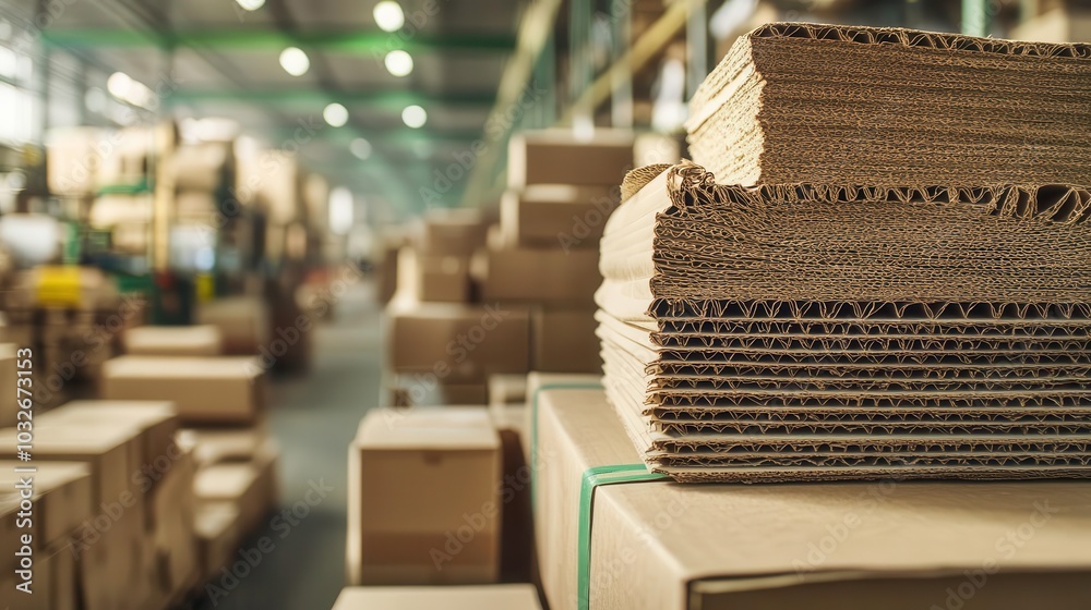 Obraz premium Stacked cardboard boxes in a warehouse setting, blurred background, focused foreground.