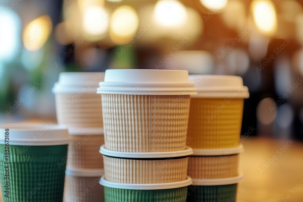 Stacked coffee cups on a blurred background, ready for a warm beverage.