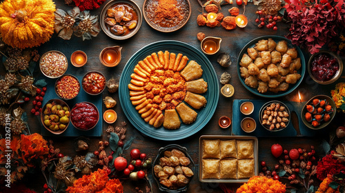 traditional festive dishes for Diwali, featuring colorful sweets and savory treats, symbolizing abundance, prosperity, and the joy of the Festival of Lights photo