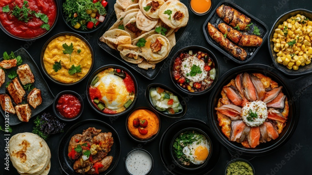 Assortment of healthy food dishes. Top view. Free space for your text. Assortment of healthy food dishes. Top view. Free space for your text.