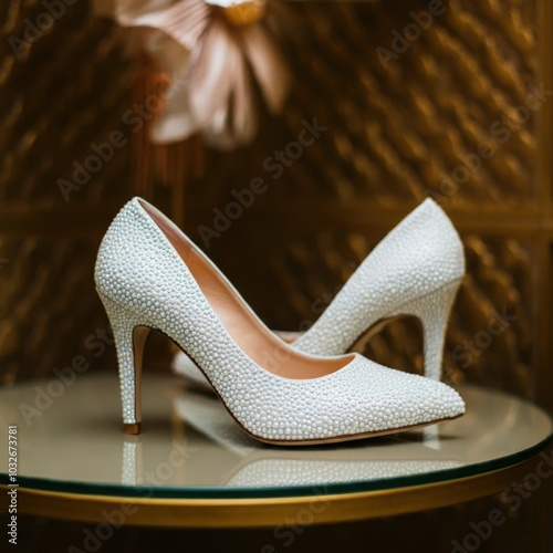 White Bridal Heels with Rhinestone Detail on Table