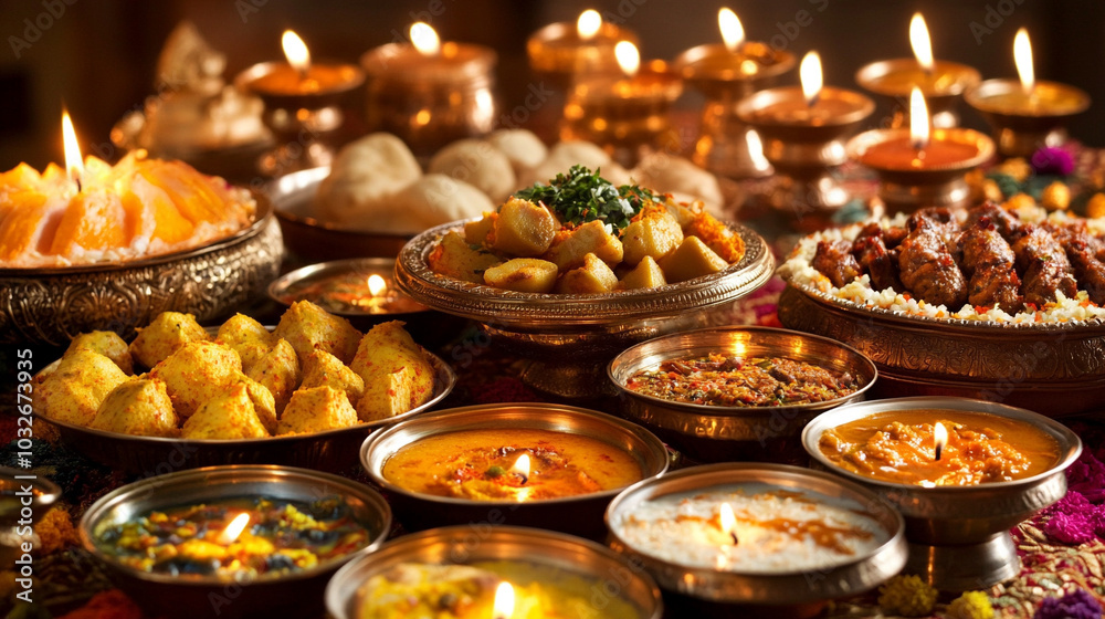 Obraz premium traditional festive dishes for Diwali, featuring colorful sweets and savory treats, symbolizing abundance, prosperity, and the joy of the Festival of Lights