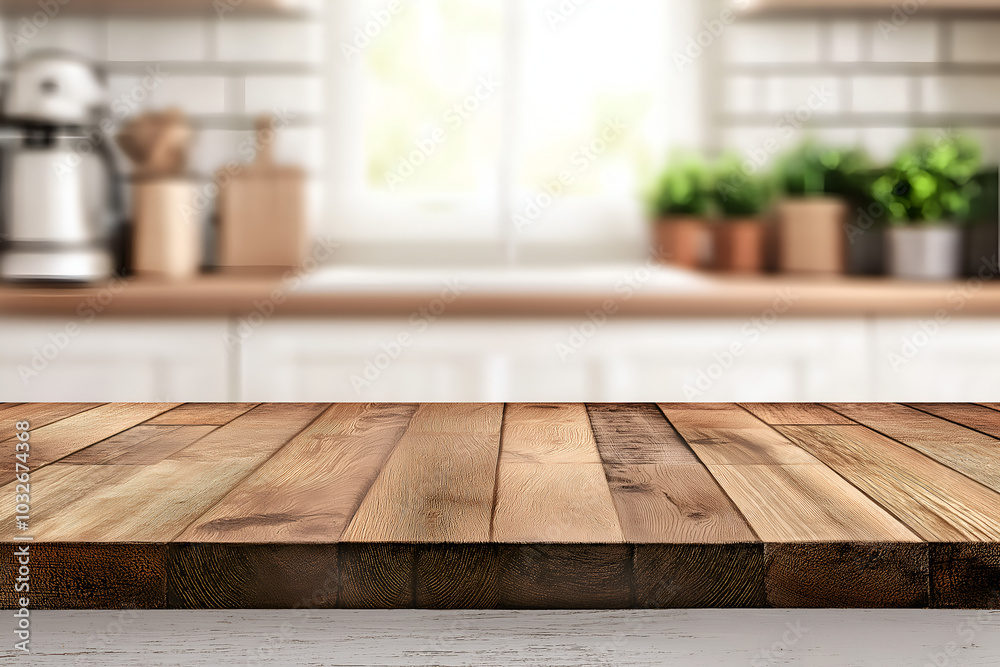 Wooden texture or white solid countertop or table top on blurred white kitchen background for product display, Design key visual layout, For showcase or montage items or food, Design mockup Wooden texture or white solid countertop or table top on blurred white kitchen background for product display, Design key visual layout, For showcase or montage items or food, Design mockup