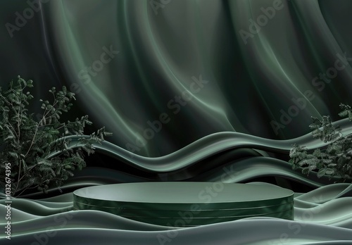 3D render of an abstract background with a green geometric shape podium scene and wavy lines for product presentation. Minimalistic design with a dark color theme