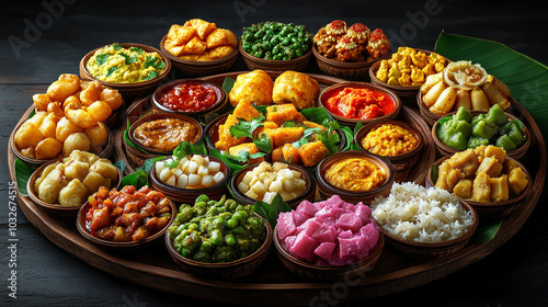 traditional festive dishes for Diwali, featuring colorful sweets and savory treats, symbolizing abundance, prosperity, and the joy of the Festival of Lights photo