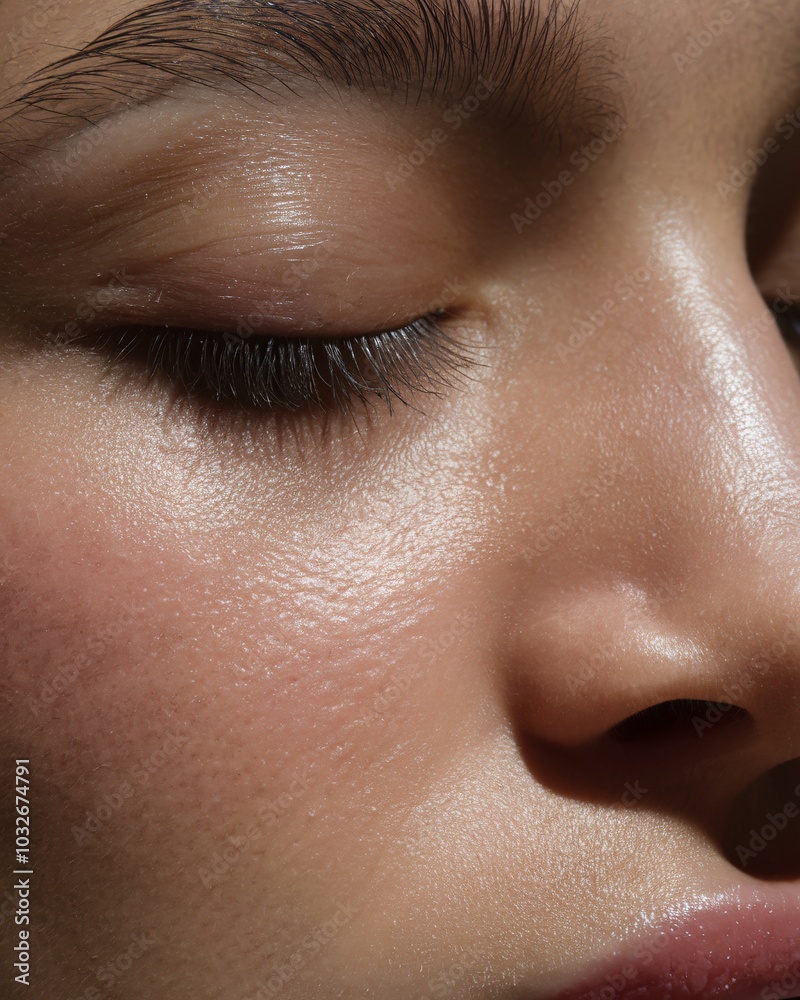 Fototapeta premium Close-up of a Woman's Eye and Cheek: Soft, natural light illuminates the delicate details of a woman's eye, highlighting her healthy, radiant skin. The image is perfect for beauty, skincare.