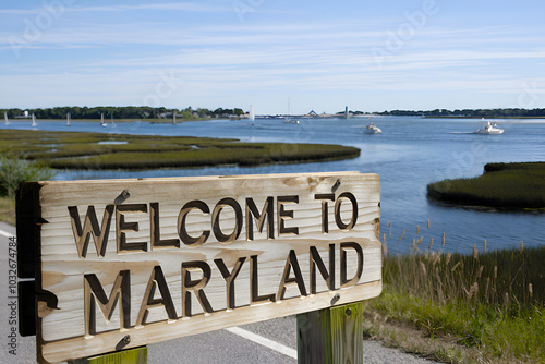 Welcome to Maryland Sign, USA Travel, East Coast Tourism and Roadside Landmark	