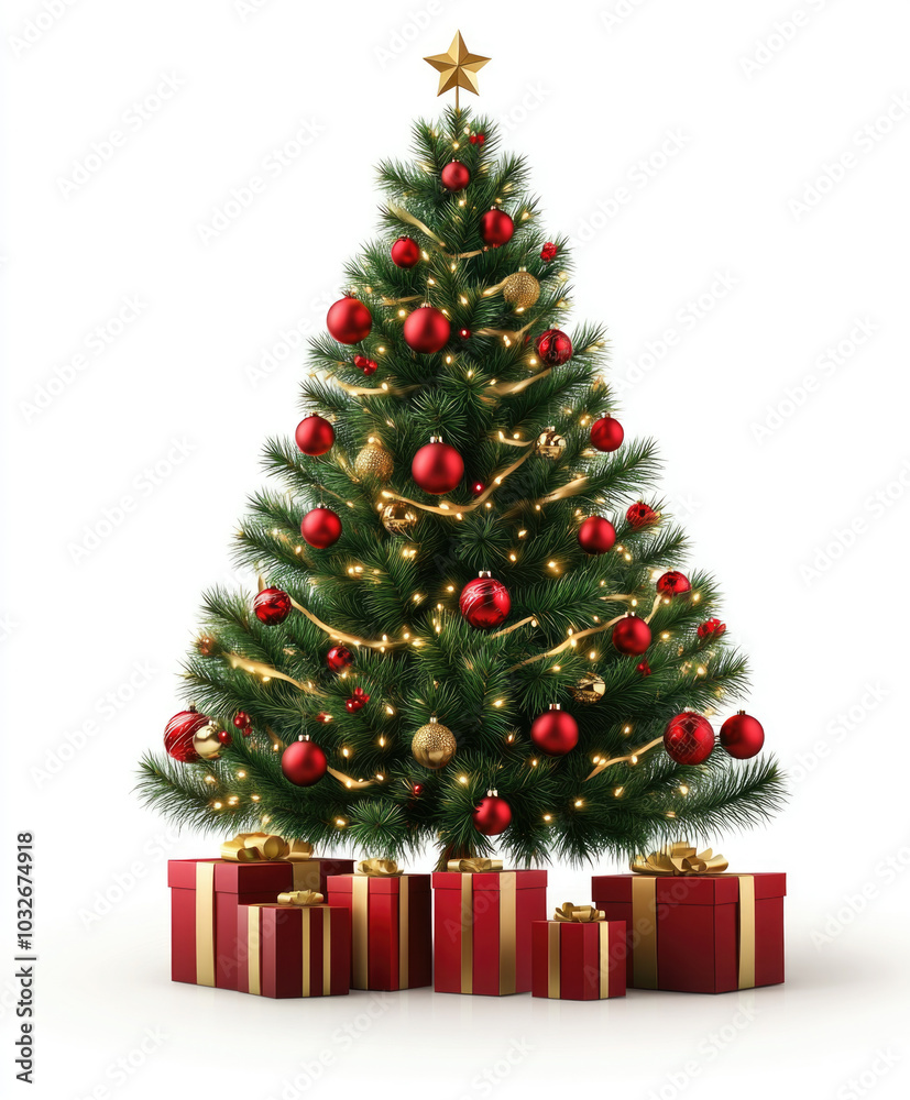 Festive christmas tree with red ornaments and wrapped gifts beneath Festive christmas tree with red ornaments and wrapped gifts beneath